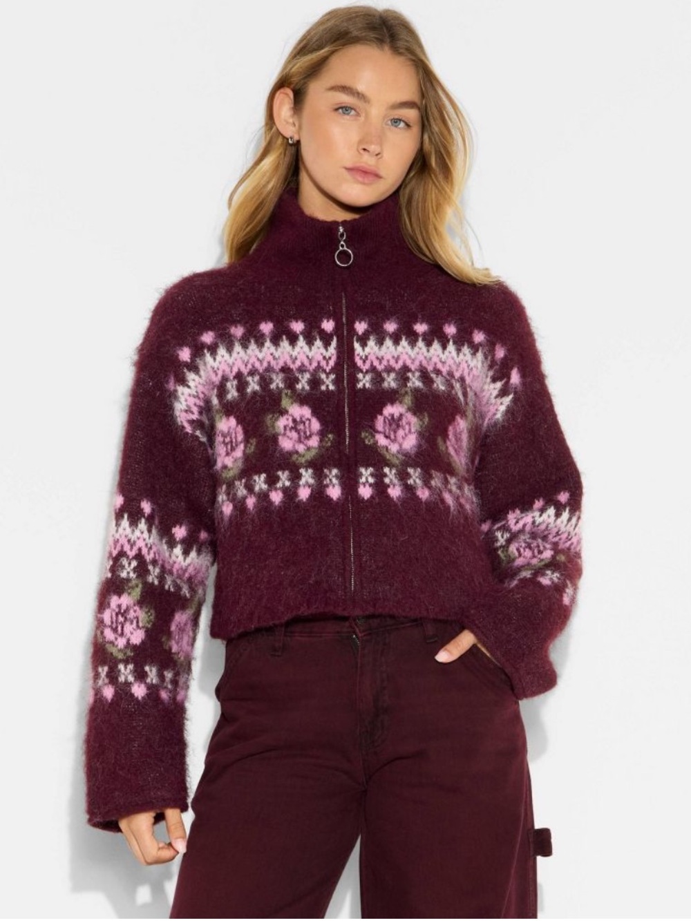 WILD FABLE size MEDIUM Burgundy Fair Isle Floral Fuzzy Zip Soft Sweater NEW! $40